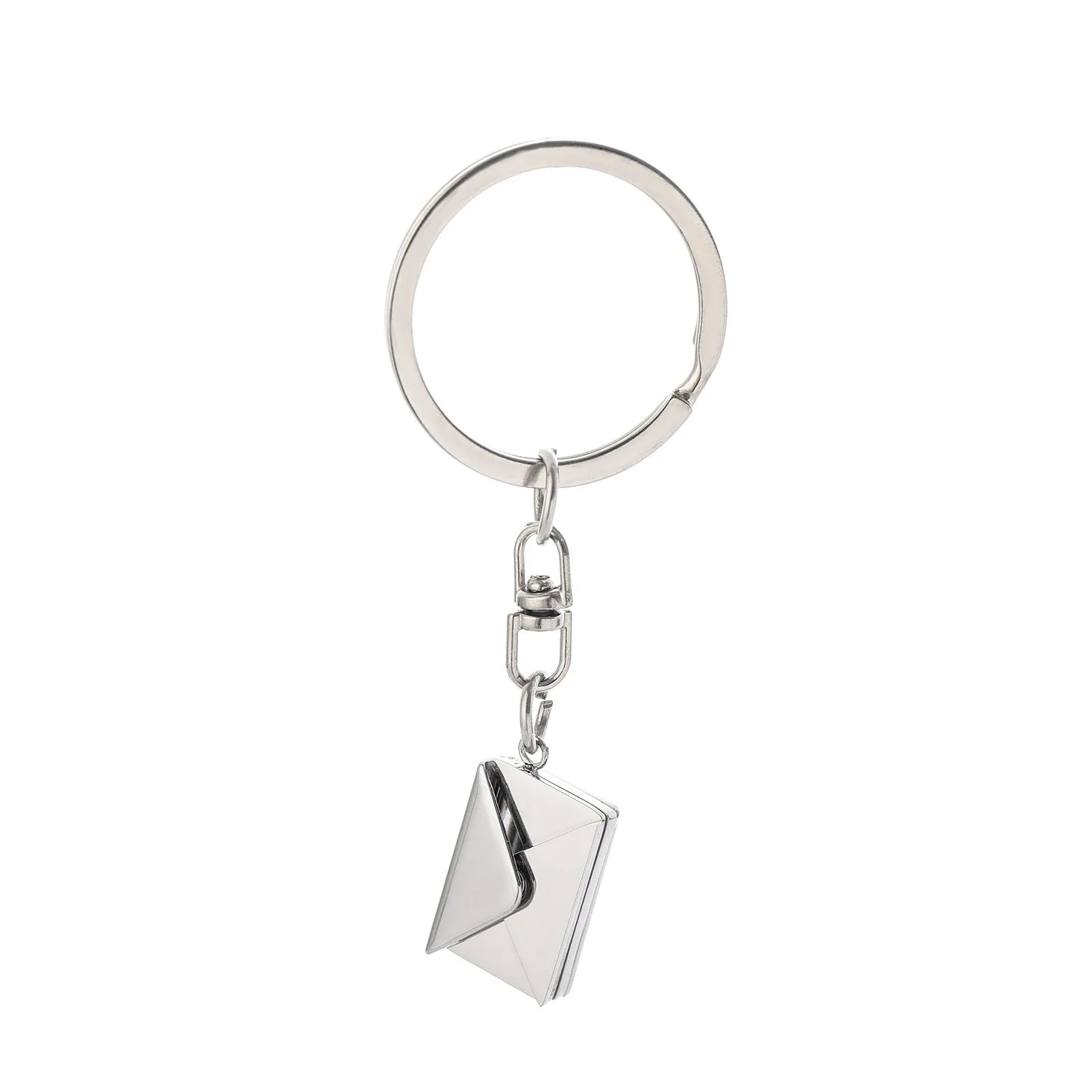 Stainless steel keychain with engraved card inside in gold and silver envelope finish on neutral background