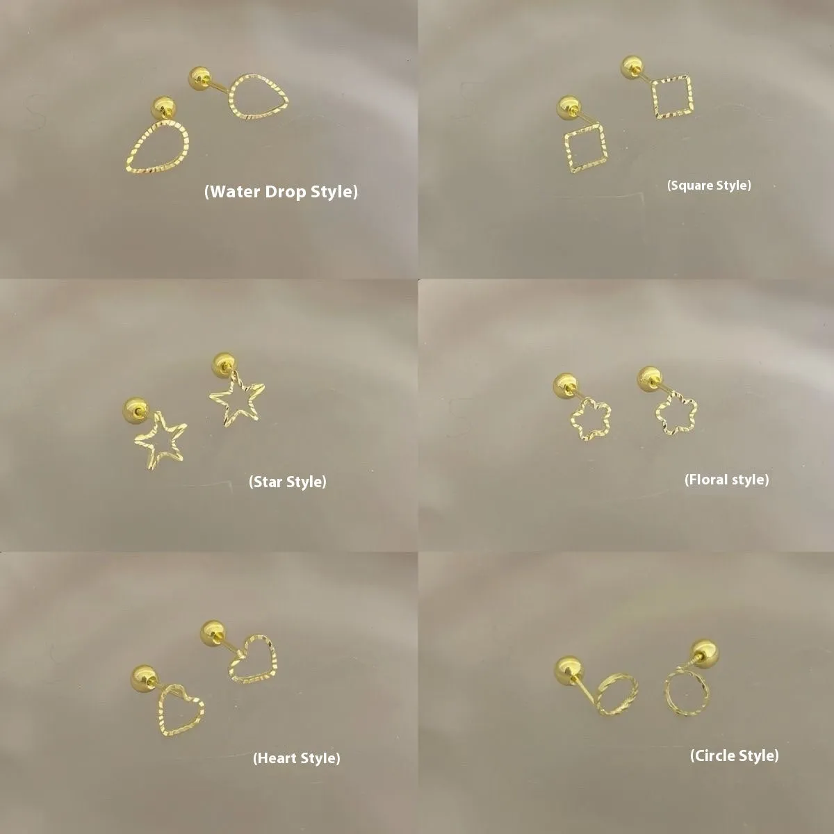 Small spiral geometric ear studs in gold hollow thread design with mixed material build and electroplated finish