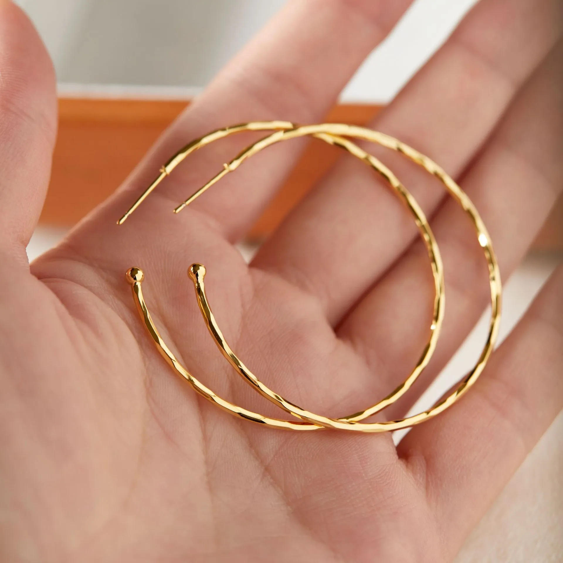 Simple metal big circle earrings 5cm diameter copper geometric with electroplated gold finish