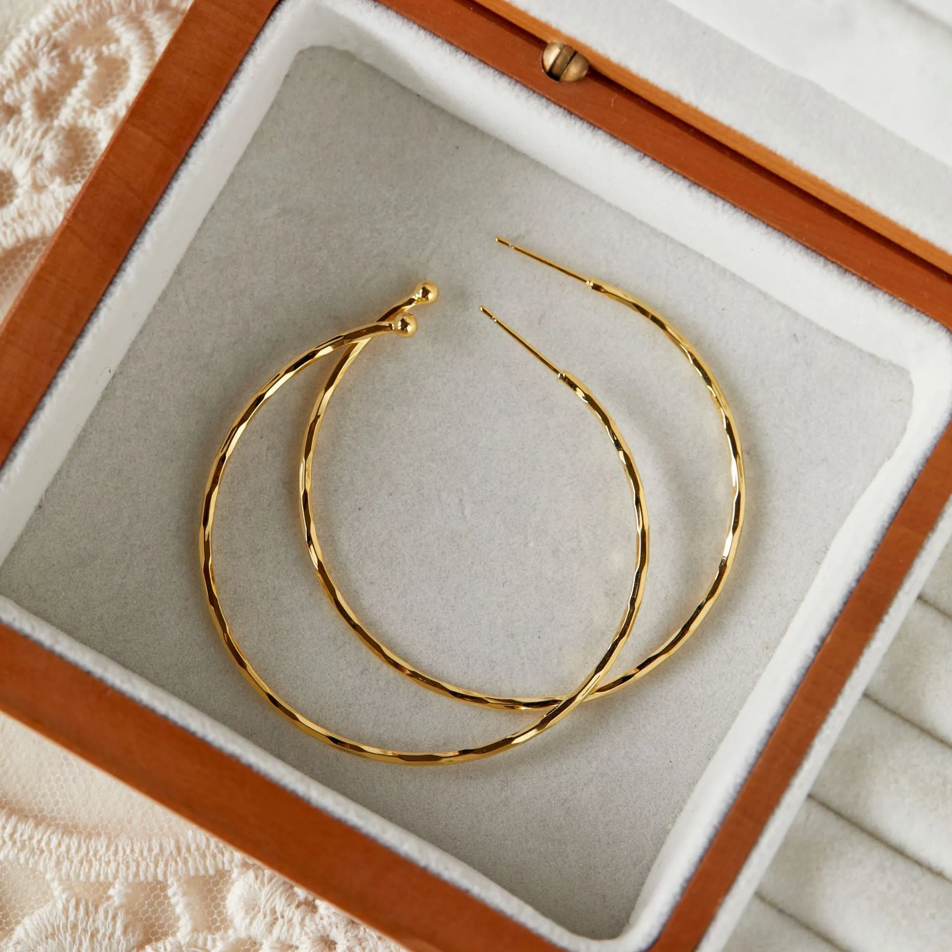Simple metal big circle earrings 5cm diameter copper geometric with electroplated gold finish