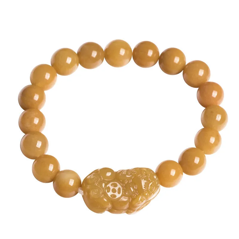 Carved Golden Thread Jade money bracelet showing Chinese coin charm and jade beads in two size options