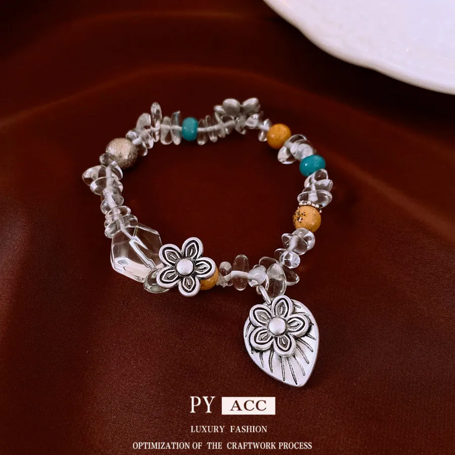 Retro ethnic style gravel flower bracelet for women, alloy electroplated, blue colour variant