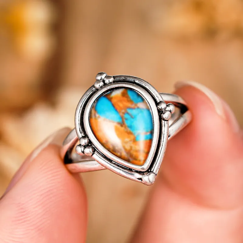 Women's antique-style copper ring with water drop and geometric design, electroplated silver finish, sizes No 6 to No 10