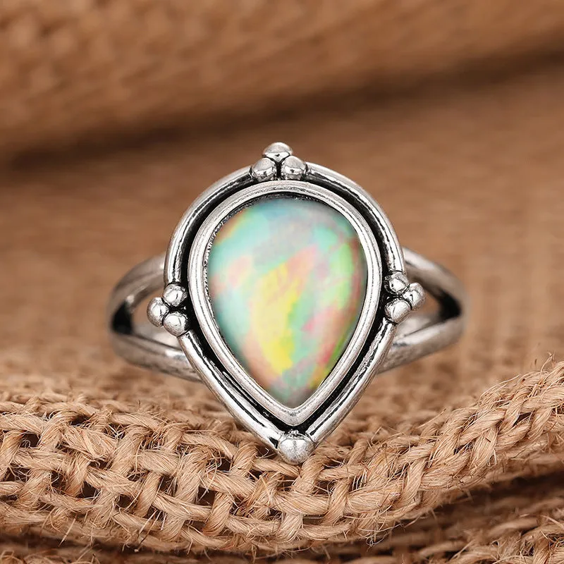 Women's antique-style copper ring with water drop and geometric design, electroplated silver finish, sizes No 6 to No 10
