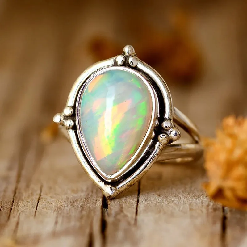 Women's antique-style copper ring with water drop and geometric design, electroplated silver finish, sizes No 6 to No 10