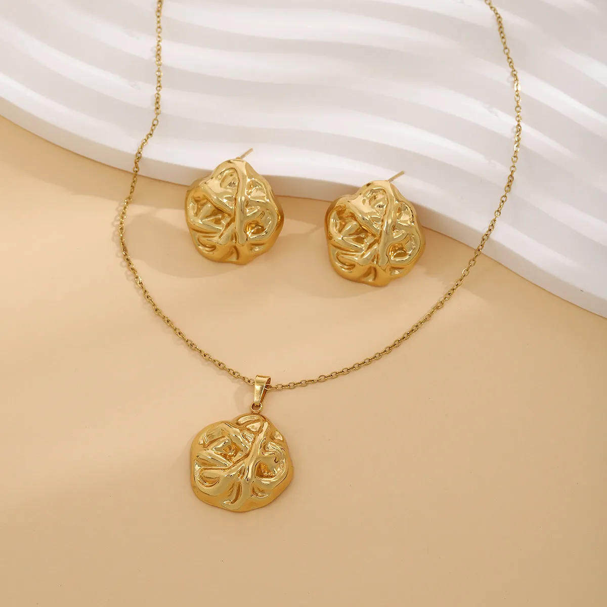 Geometric leaves texture flower love heart earrings and necklace set with stainless steel pendant on regular chain