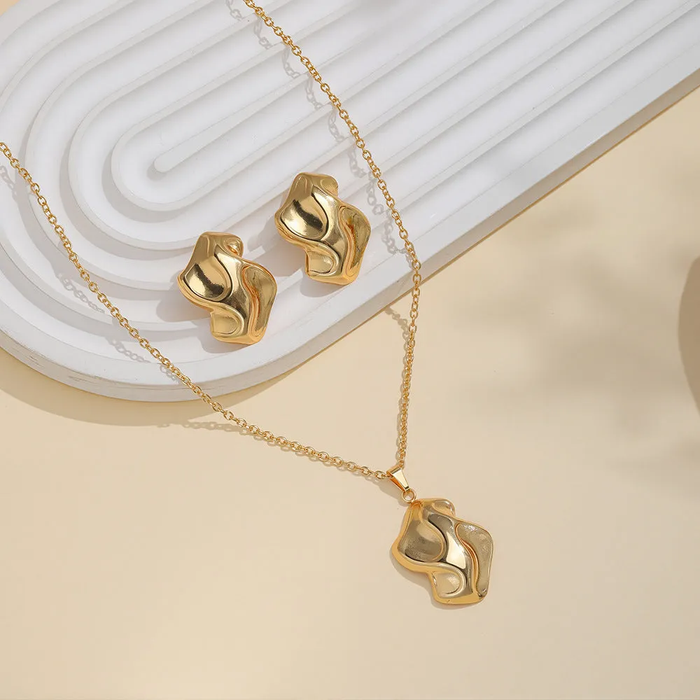 Geometric leaves texture flower love heart earrings and necklace set with stainless steel pendant on regular chain