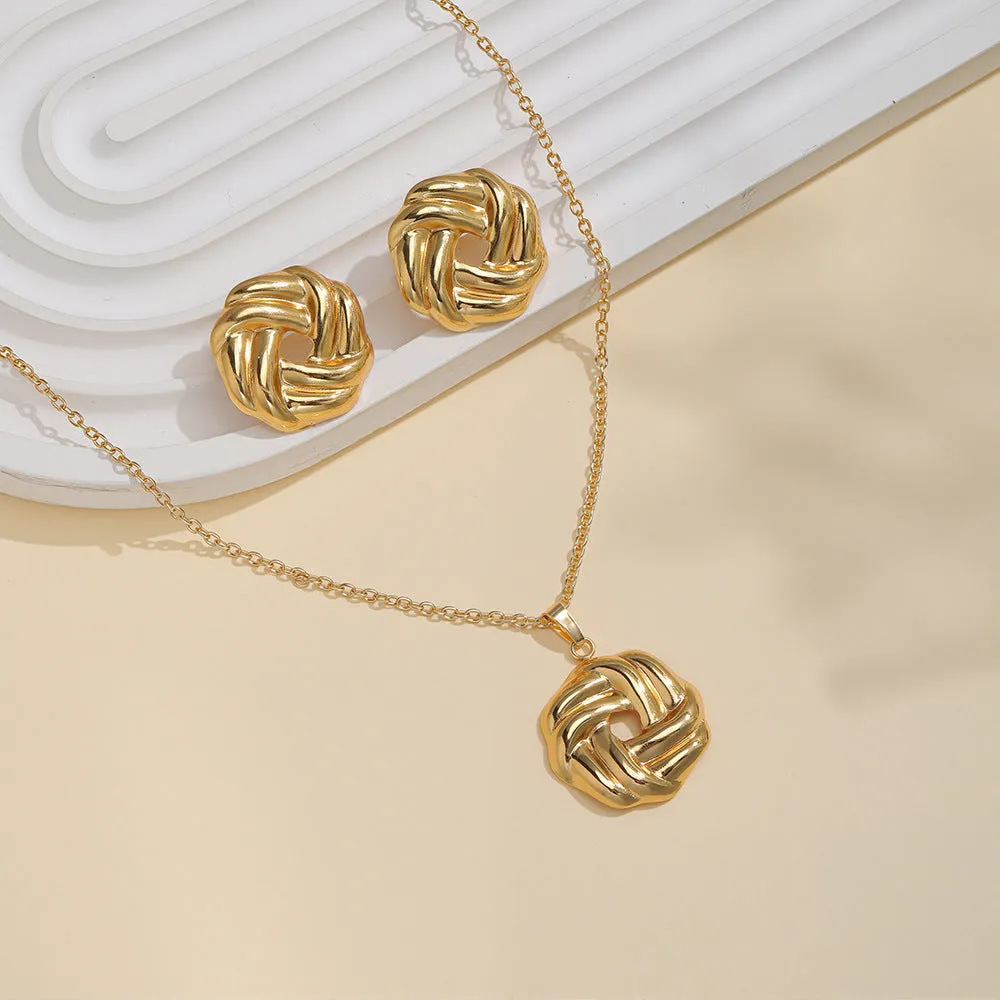 Geometric leaves texture flower love heart earrings and necklace set with stainless steel pendant on regular chain