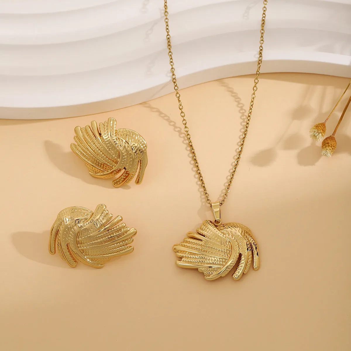 Geometric leaves texture flower love heart earrings and necklace set with stainless steel pendant on regular chain