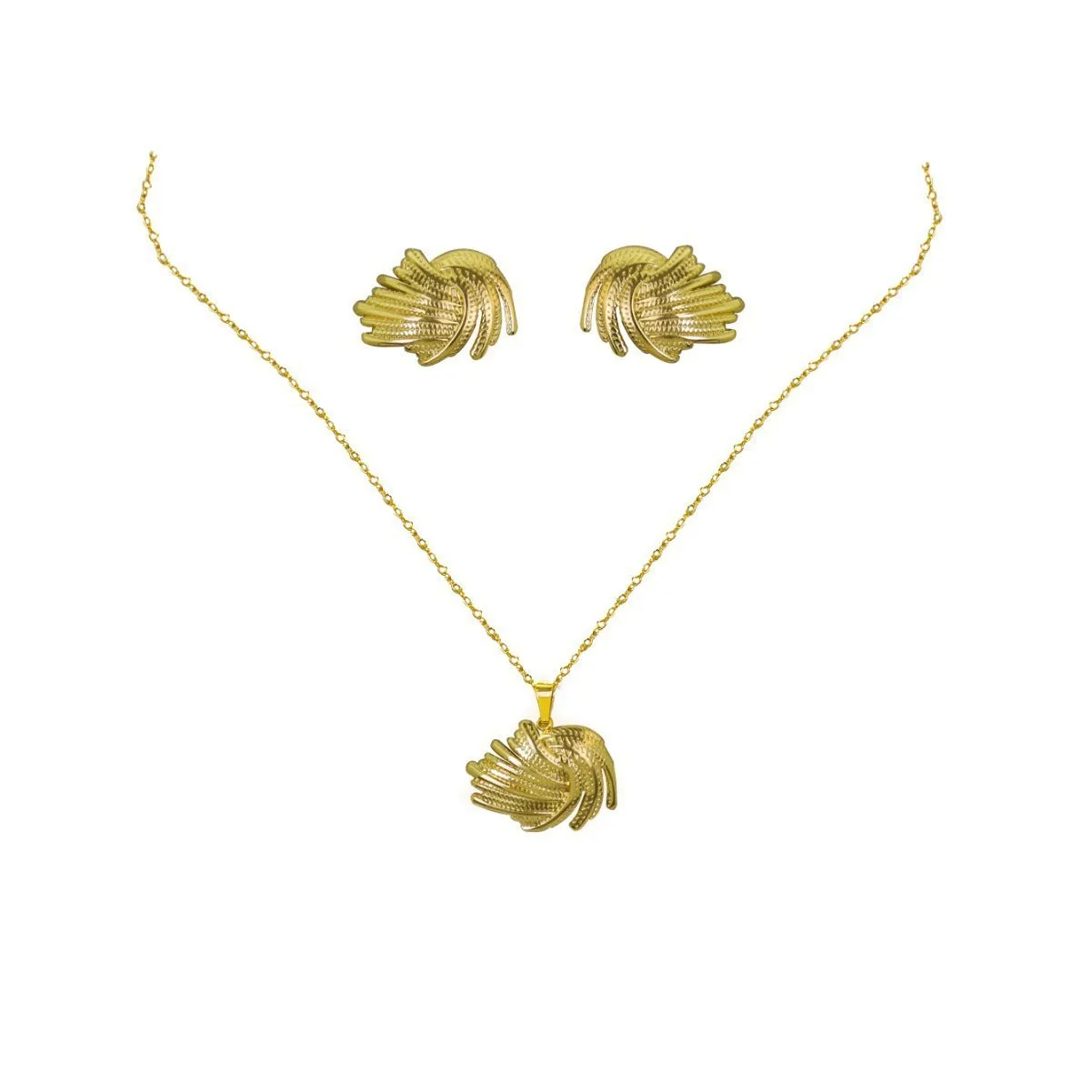 Geometric leaves texture flower love heart earrings and necklace set with stainless steel pendant on regular chain