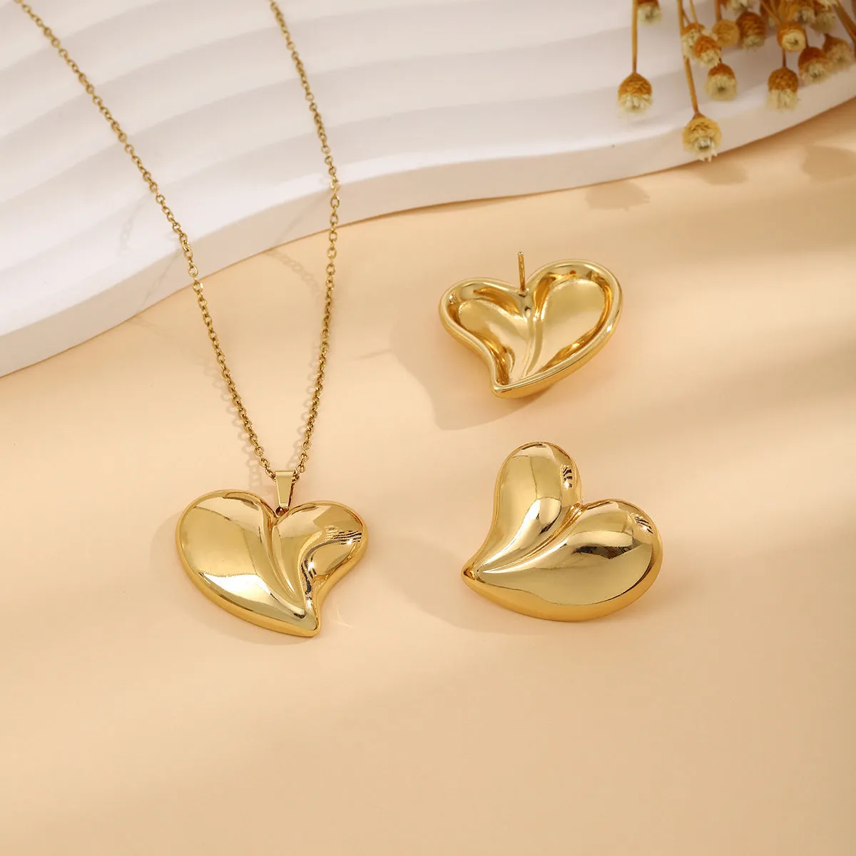 Geometric leaves texture flower love heart earrings and necklace set with stainless steel pendant on regular chain
