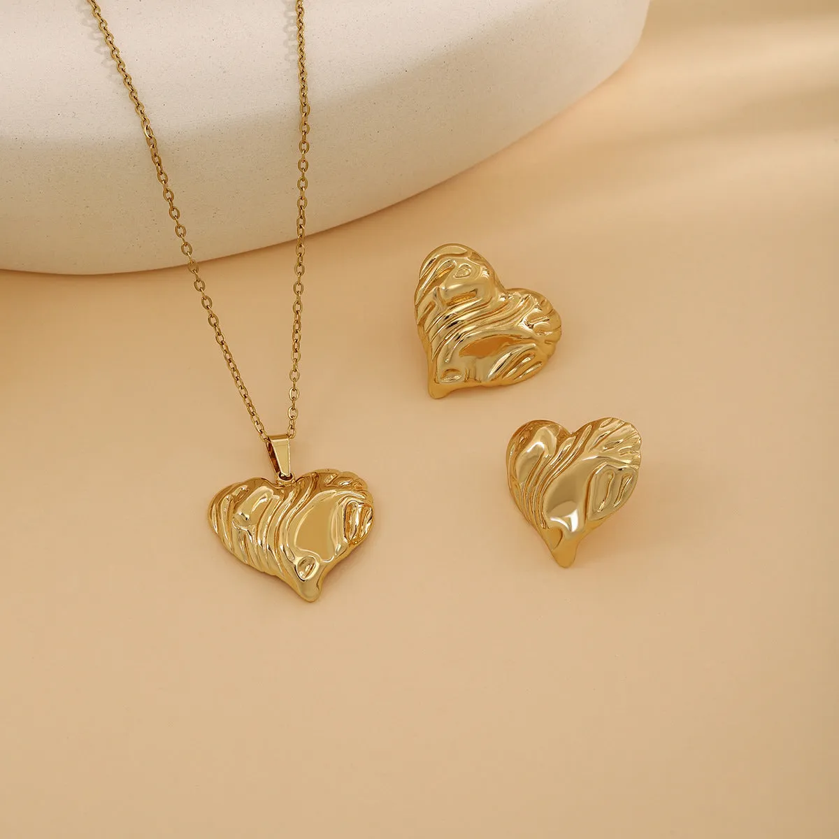 Geometric leaves texture flower love heart earrings and necklace set with stainless steel pendant on regular chain