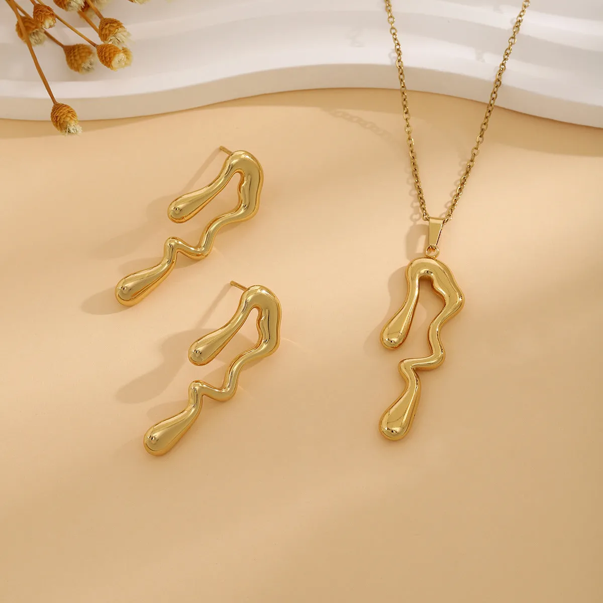 Geometric leaves texture flower love heart earrings and necklace set with stainless steel pendant on regular chain