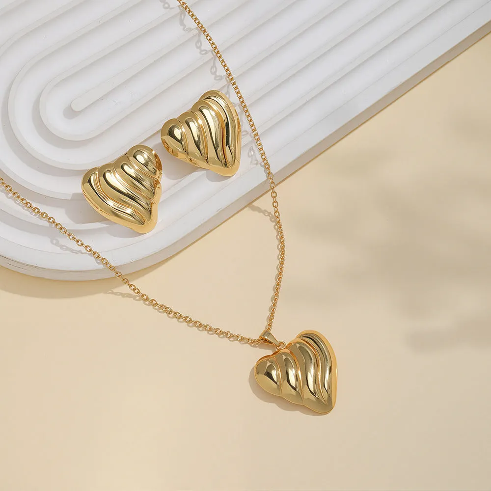 Geometric leaves texture flower love heart earrings and necklace set with stainless steel pendant on regular chain