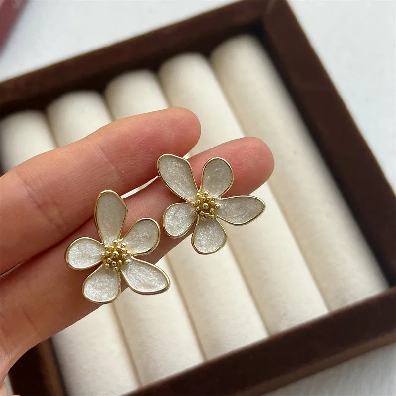 White drop oil petal earrings for women – five petal flower drop ear studs with glossy dripping oil finish on zinc alloy