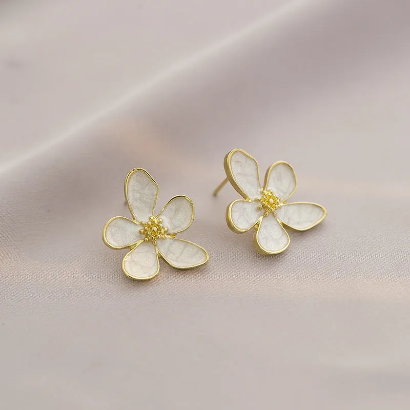 White drop oil petal earrings for women – five petal flower drop ear studs with glossy dripping oil finish on zinc alloy