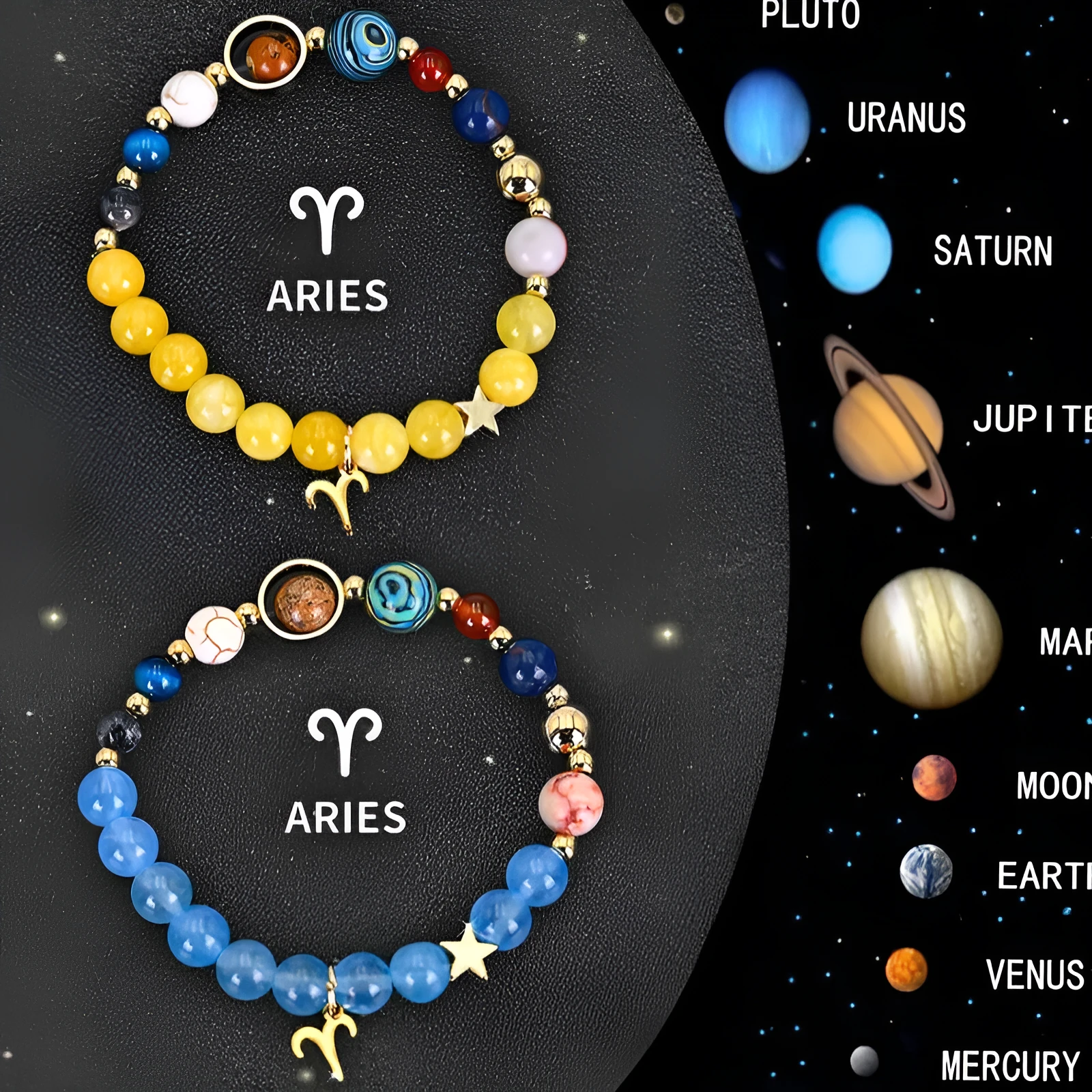 Set of two natural stone beaded bracelets with zodiac charms on an adjustable cord.