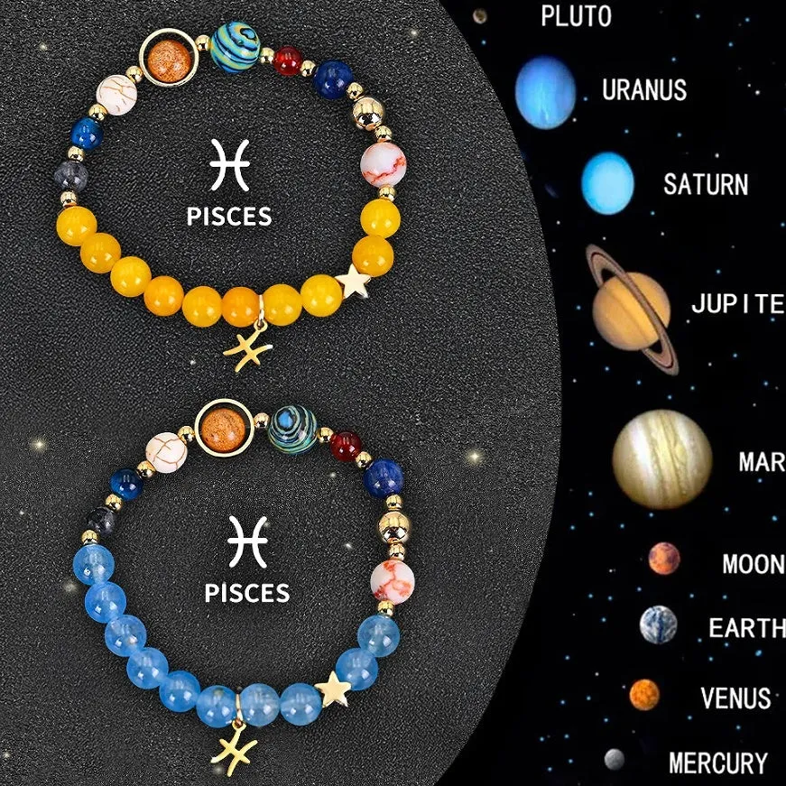 Set of two natural stone beaded bracelets with zodiac charms on an adjustable cord.