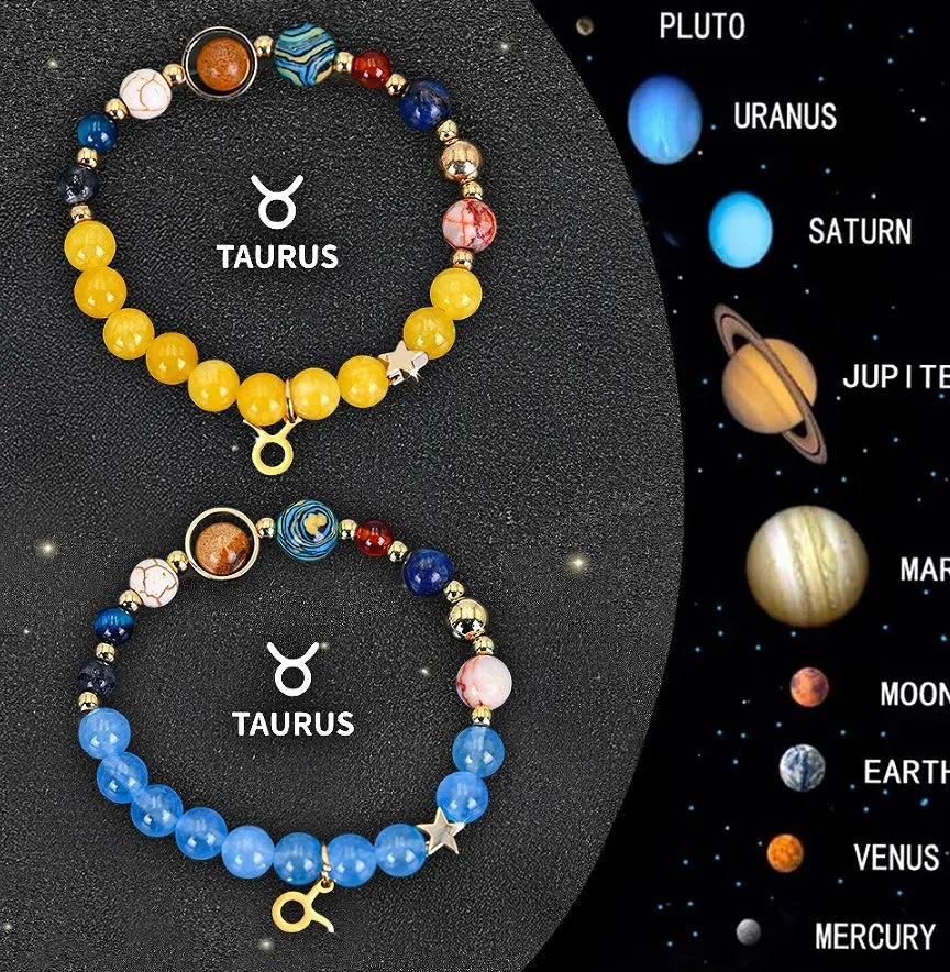 Set of two natural stone beaded bracelets with zodiac charms on an adjustable cord.