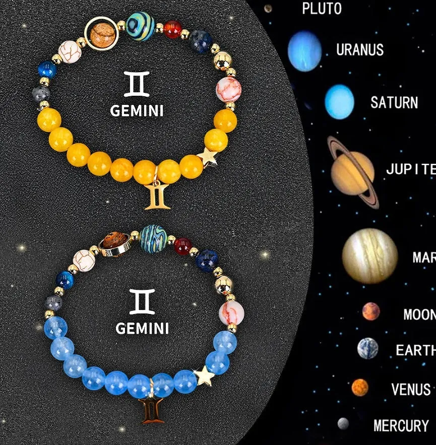 Set of two natural stone beaded bracelets with zodiac charms on an adjustable cord.