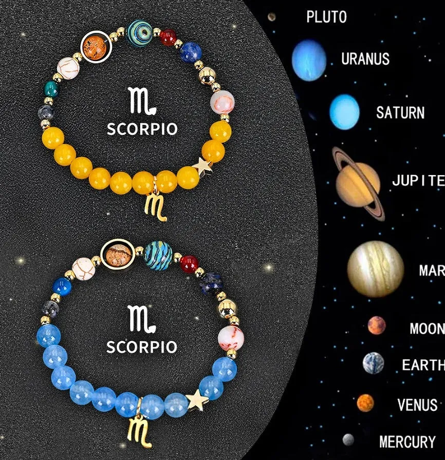 Set of two natural stone beaded bracelets with zodiac charms on an adjustable cord.