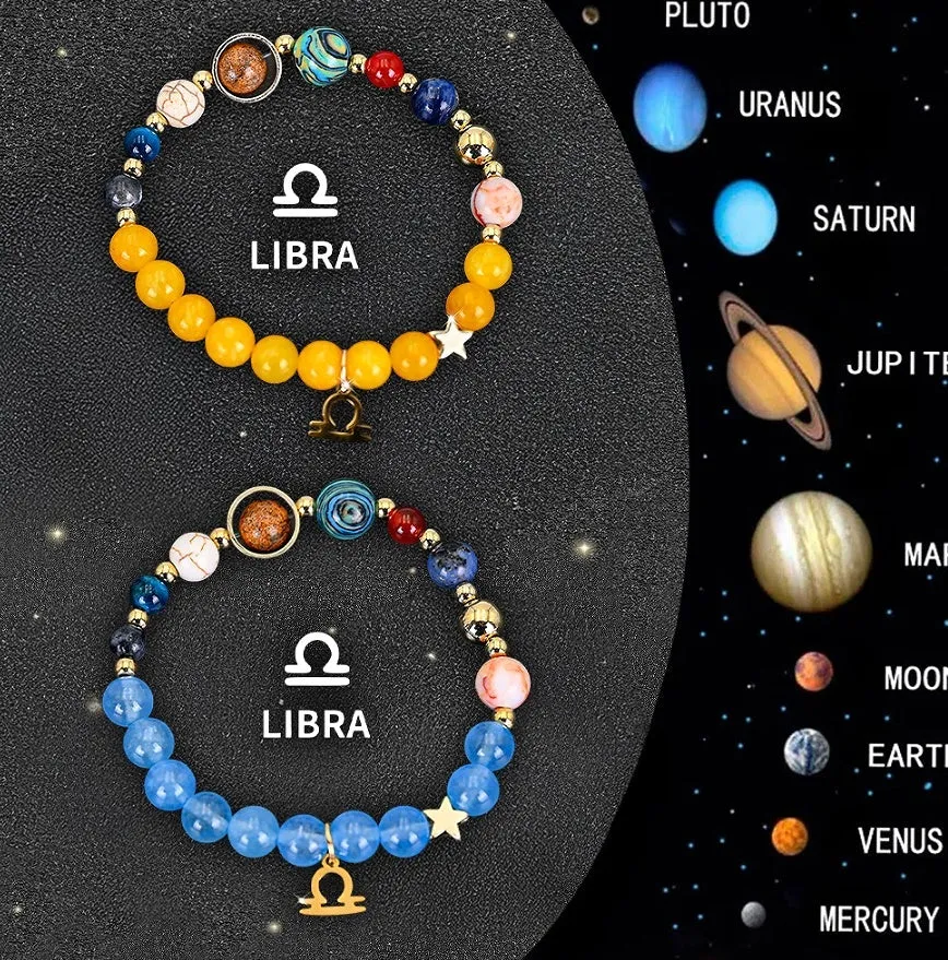 Set of two natural stone beaded bracelets with zodiac charms on an adjustable cord.