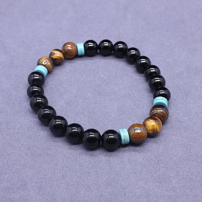 Black agate and tiger's eye geometric beaded bracelet and necklace set.