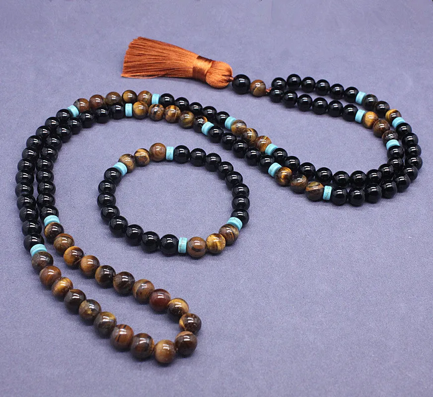 Black agate and tiger's eye geometric beaded bracelet and necklace set.