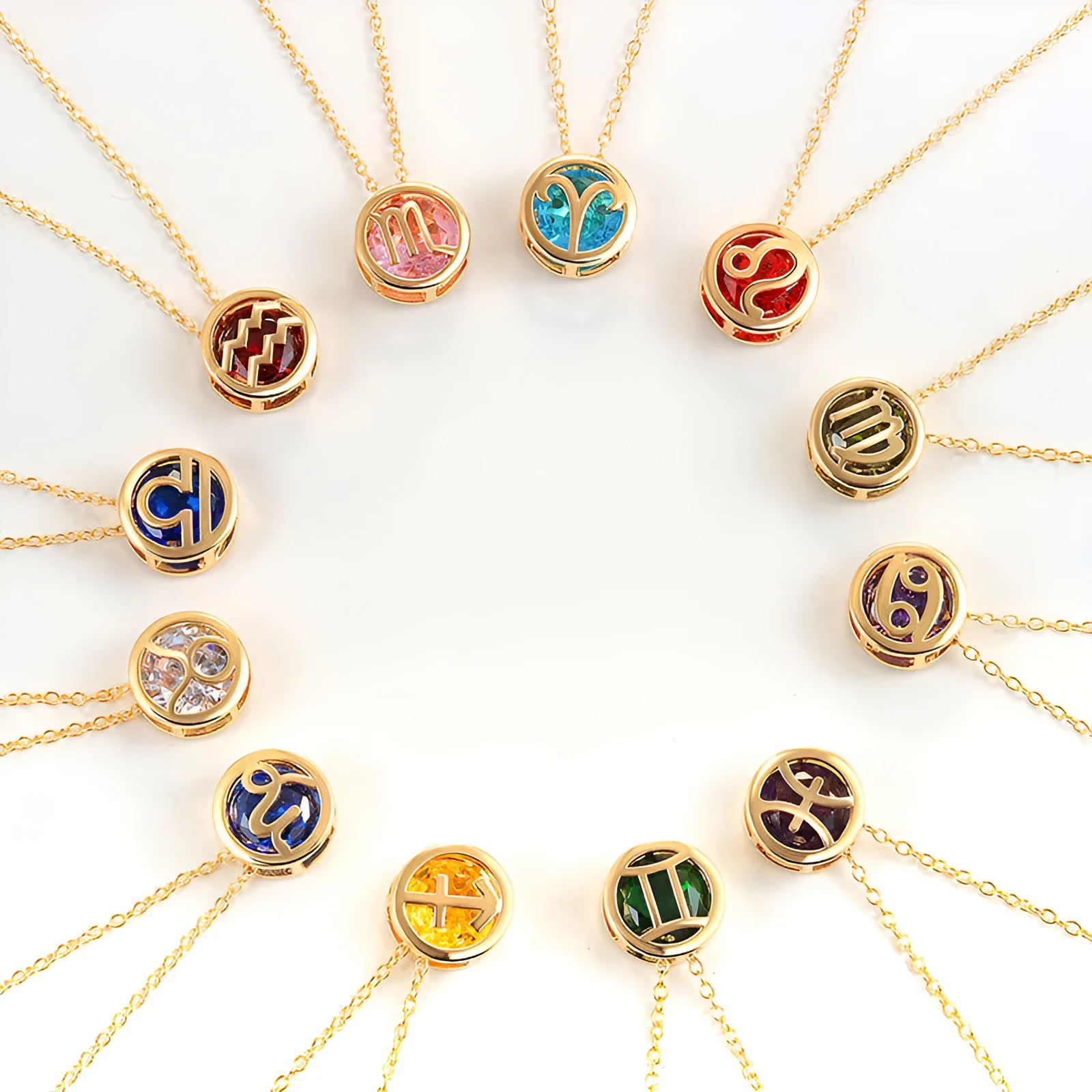 Women's gold electroplated copper zodiac constellation pendant necklace on O-ring chain