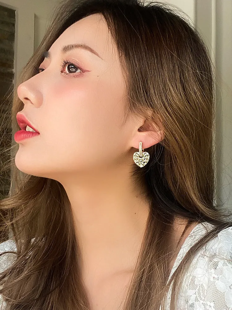 Heart shaped copper earrings with yellow finish and zircon stone for women