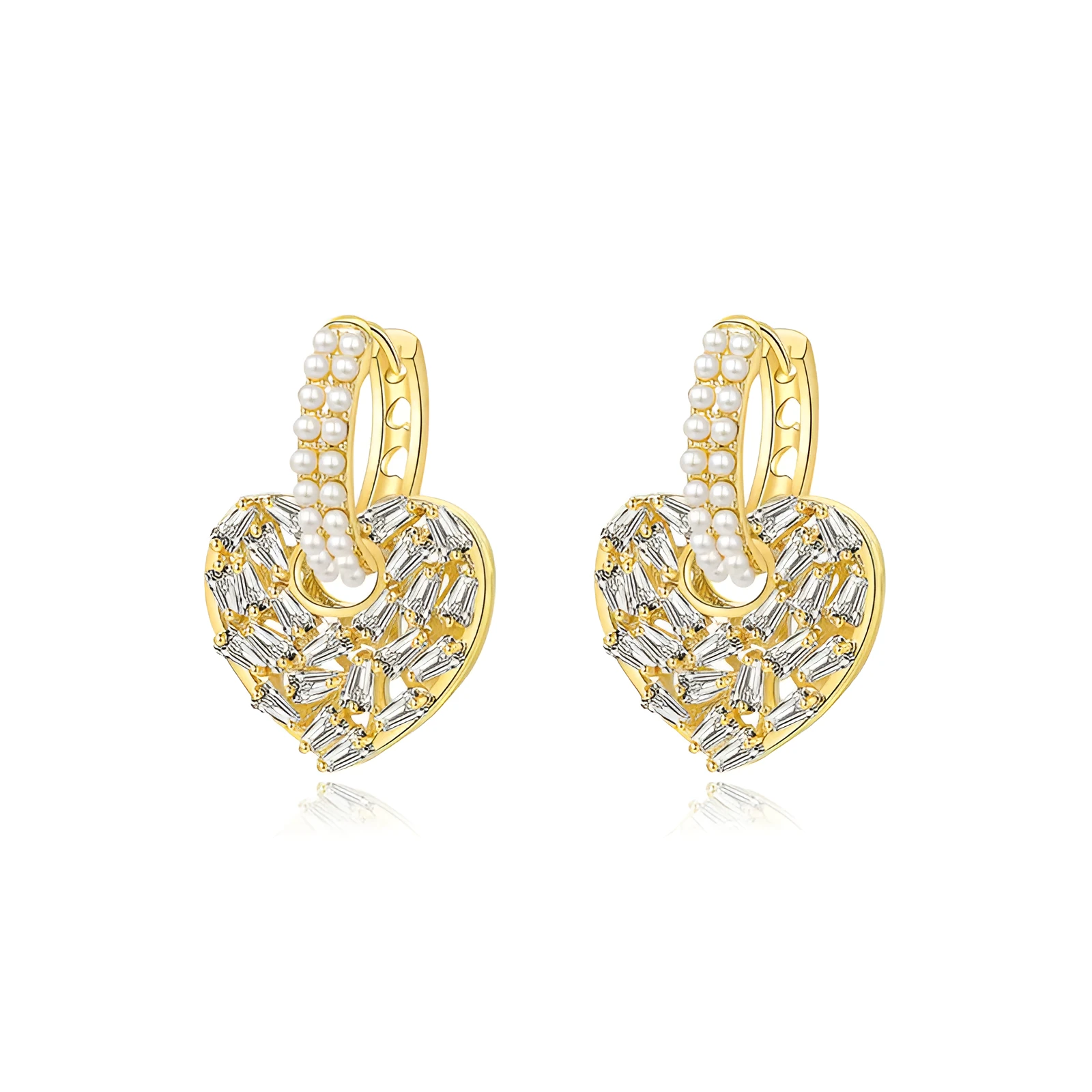 Heart shaped copper earrings with yellow finish and zircon stone for women