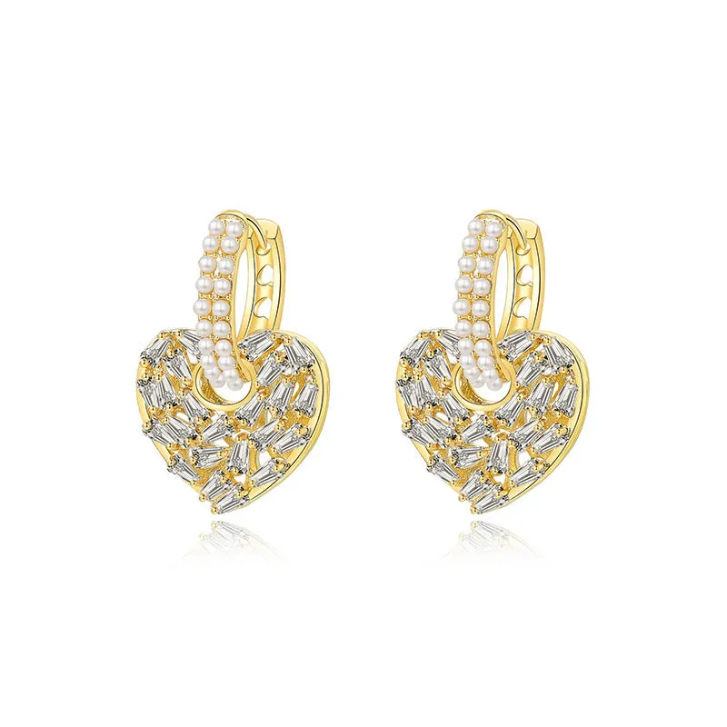 Heart shaped copper earrings with yellow finish and zircon stone for women