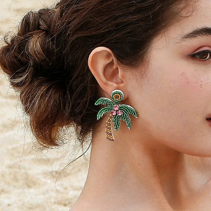 Green bohemian handmade beaded fruit shape ring earrings with glass and coloured glaze beads for women