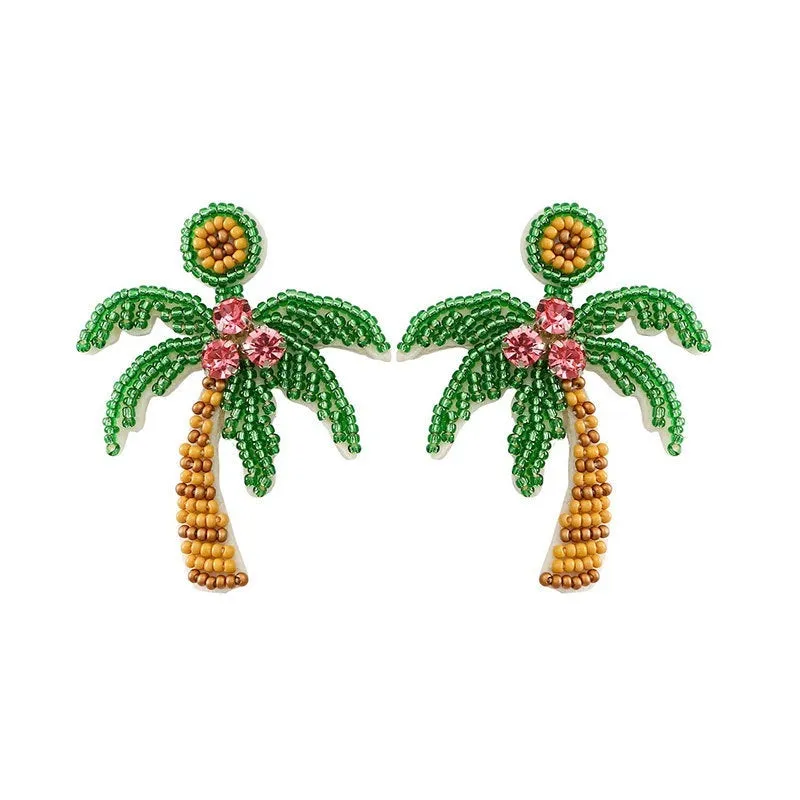 Green bohemian handmade beaded fruit shape ring earrings with glass and coloured glaze beads for women