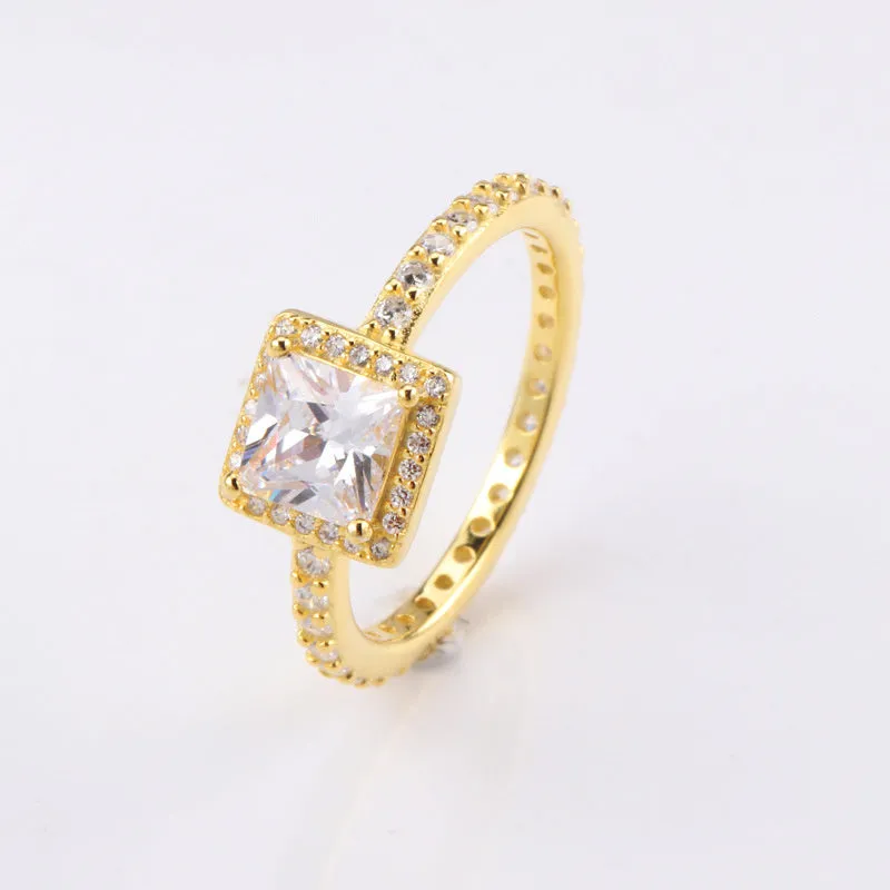 White copper ring with square cubic zirconia moon geometric design in silver