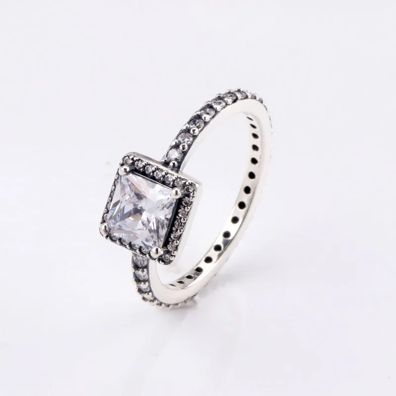 White copper ring with square cubic zirconia moon geometric design in silver