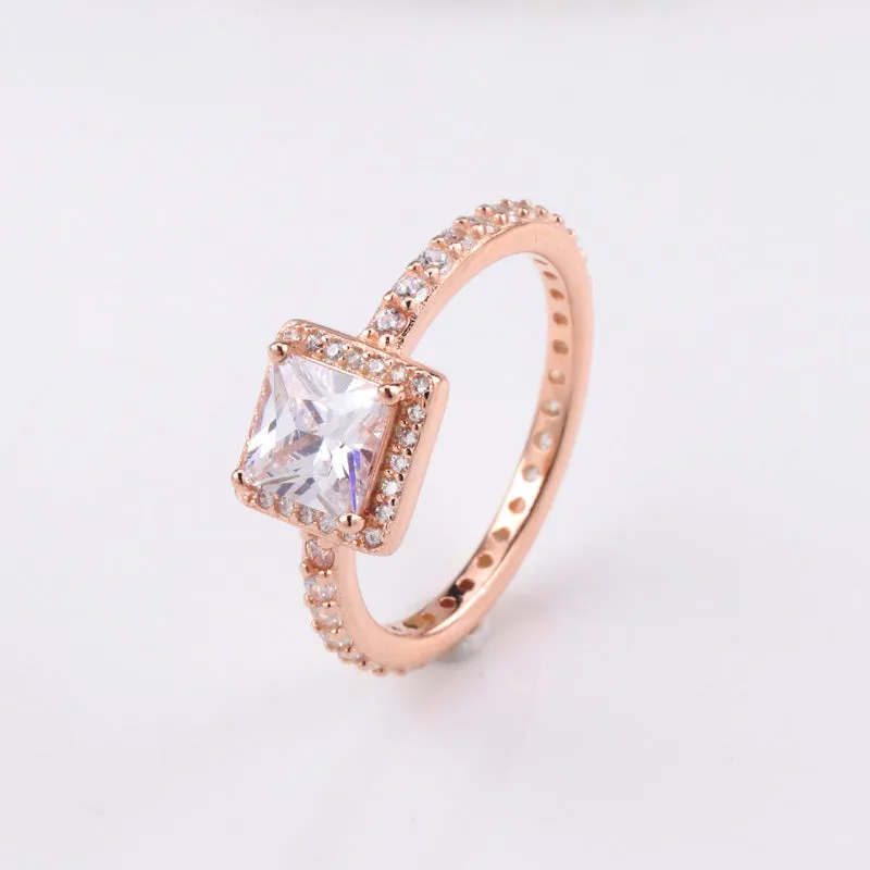 White copper ring with square cubic zirconia moon geometric design in silver