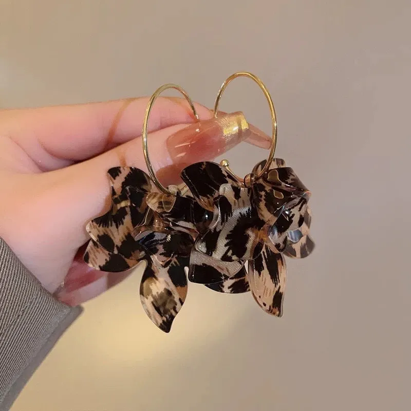 Large leopard print floral acetate earrings for women in a statement design