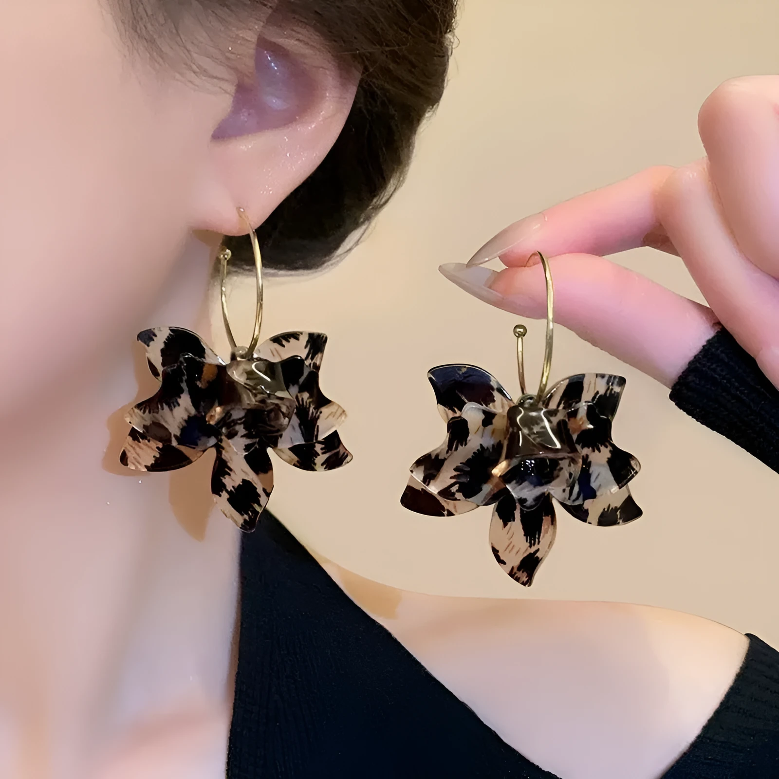 Large leopard print floral acetate earrings for women in a statement design