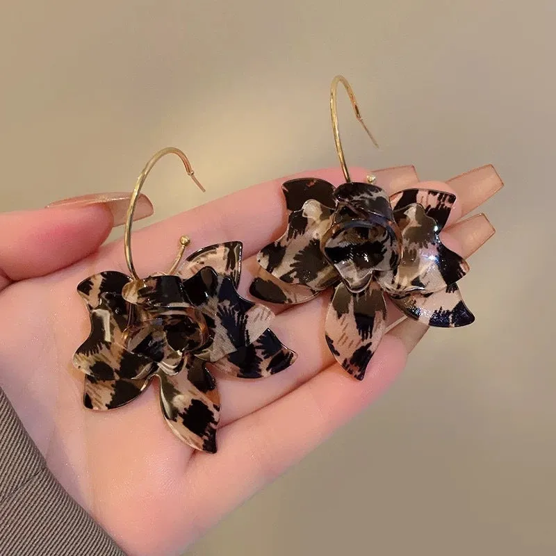 Large leopard print floral acetate earrings for women in a statement design