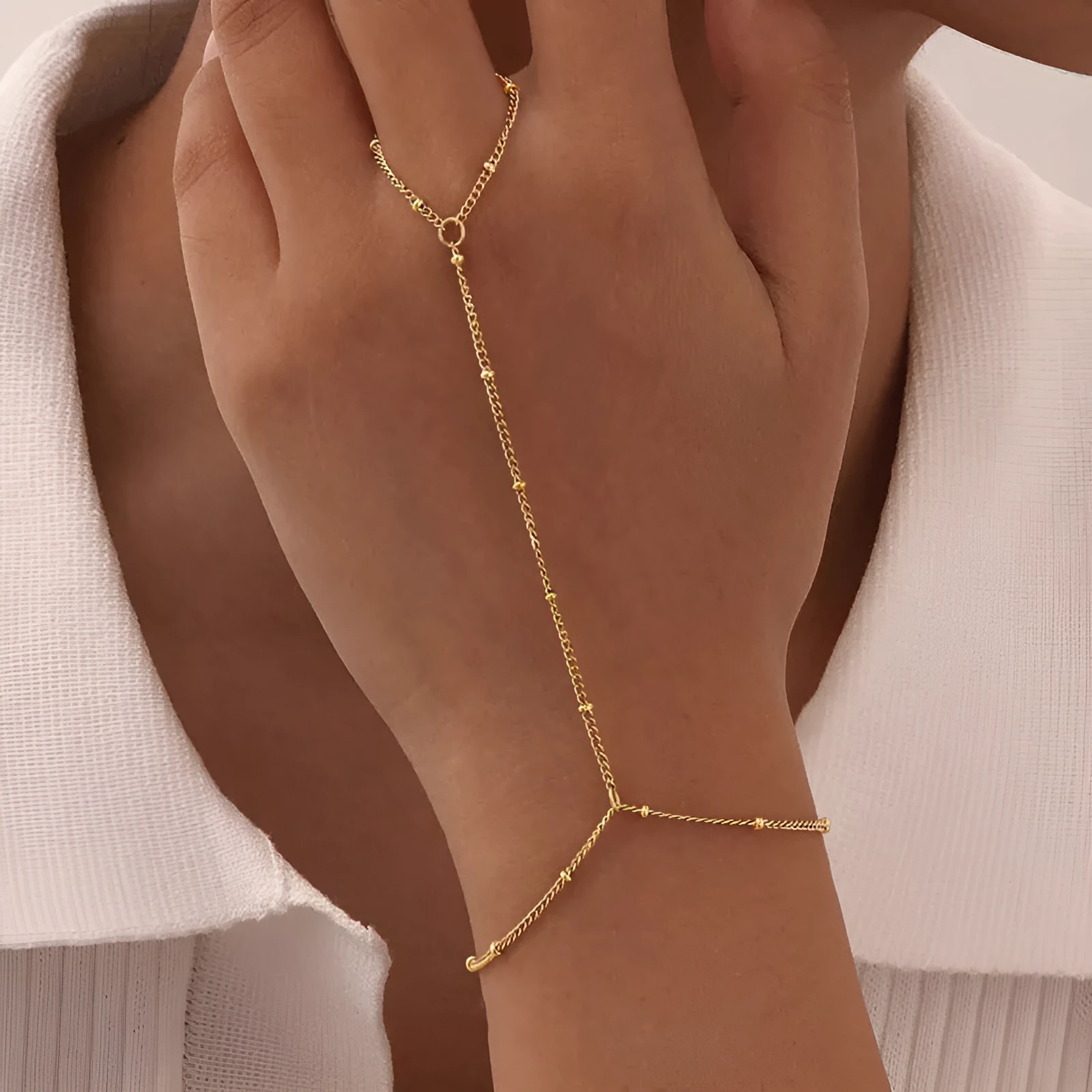 Gold electroplated alloy mitten-type round bead bracelet for women with geometry shape and simple style
