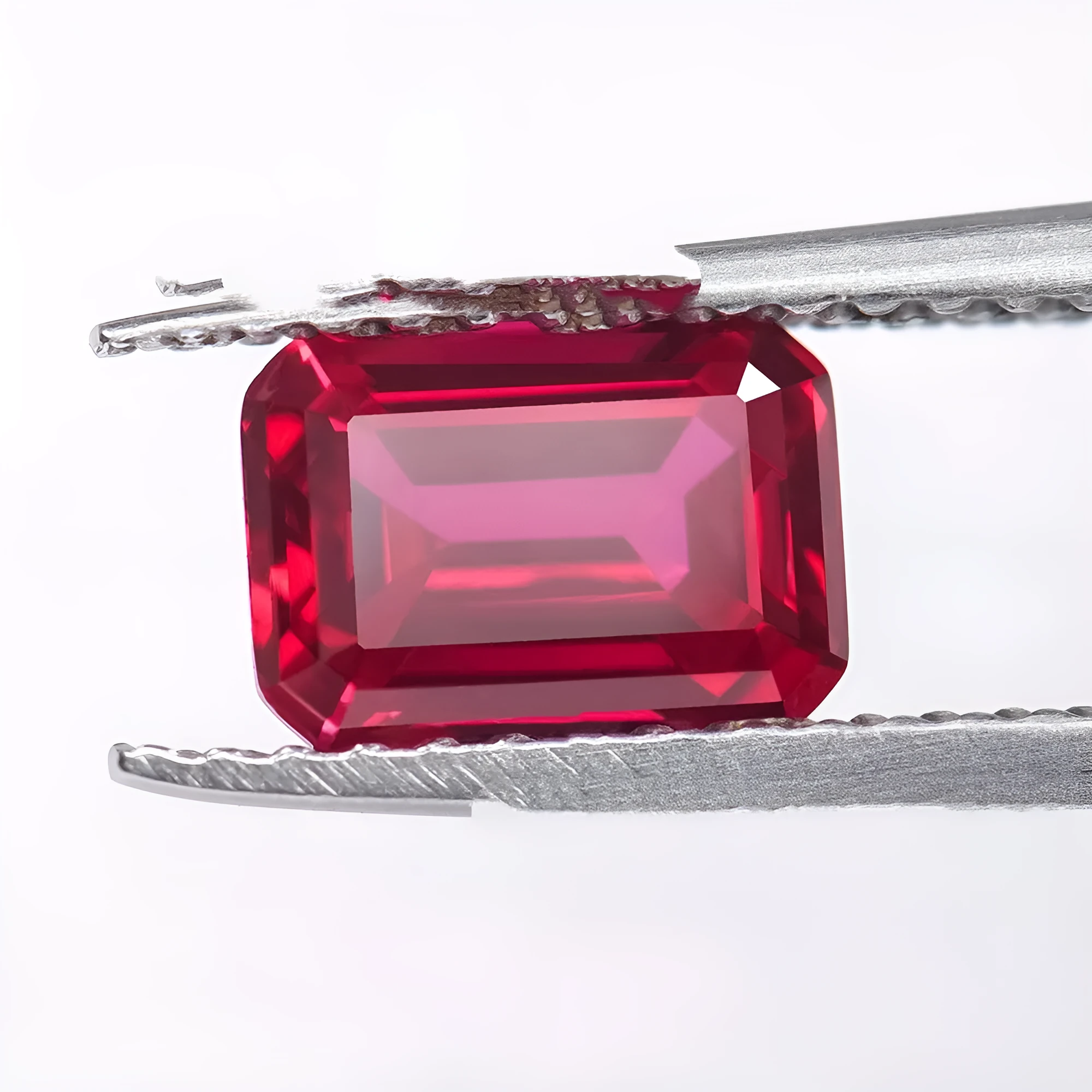 Artificial cultivated ruby gemstone showing red colour in various carat weights and shape options