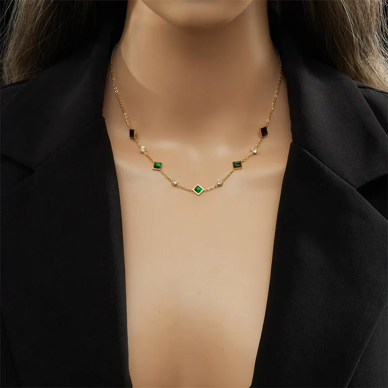 Gold titanium steel U-shaped square pendant necklace with emerald zircon on adjustable cross chain