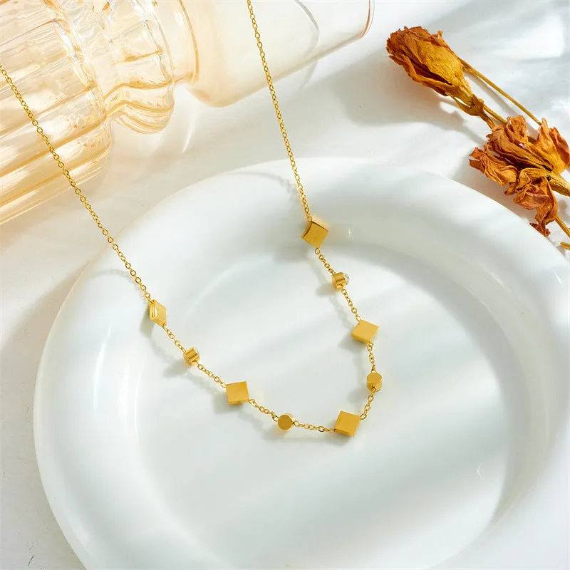 Gold titanium steel U-shaped square pendant necklace with emerald zircon on adjustable cross chain