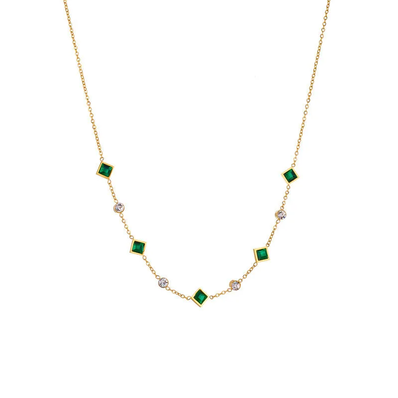 Gold titanium steel U-shaped square pendant necklace with emerald zircon on adjustable cross chain
