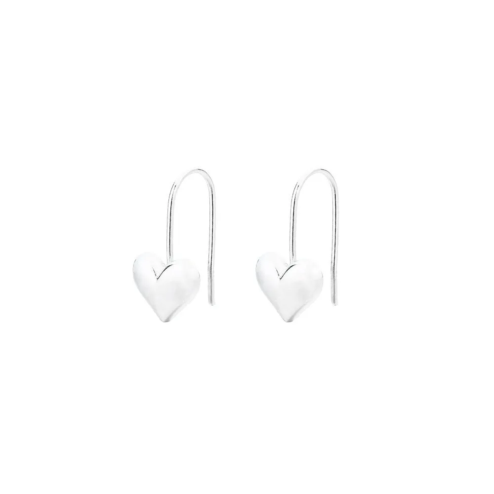 Three-dimensional glossy heart-shaped earrings in silver colour made from copper with white gold finish, Korean style for women