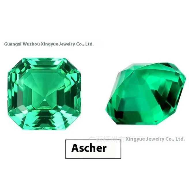 Cultivated emerald gemstones in Columbia green treasure colour showing round and princess cut sizes