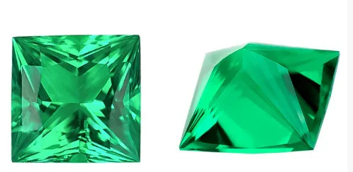 Cultivated emerald gemstones in Columbia green treasure colour showing round and princess cut sizes