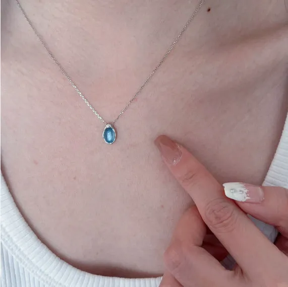 Navy blue water drop pendant copper necklace on woman with adjustable cross chain 41-50cm