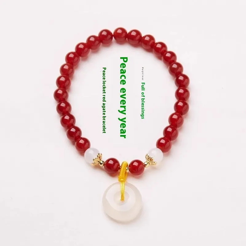 Handmade natural jade safety buckle bracelet with agate and strawberry quartz beads.
